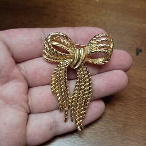 Vintage Gold Tone Ribbon Bow Pin Brooch 2.25" Signed Angel